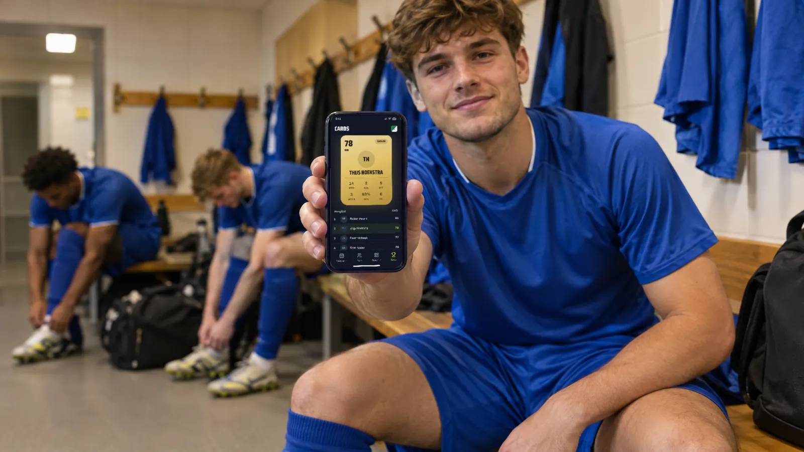 Speler in de kleedkamer laat zijn player card in de Basiself-app zien